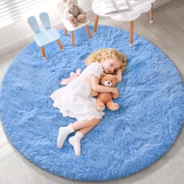 Imagem de EVOIONOS Azul cobalto Tapete redondo para quarto, 1,2 x 1,2 m, tapetes macios e macios para sala de estar, tapete circular felpudo de pelúcia para quarto de dormir, lavável na máquina, decoração de