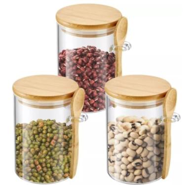 Imagem de Kit 2 Potes Temperos Redondo Porta Mantimentos Condimentos Vidro Hermético Tampa Bambu Colher 300ml(Bambu)