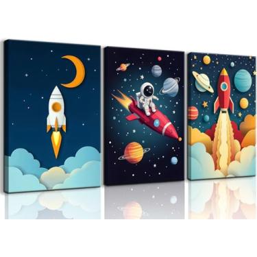 Imagem de 3 peças arte de parede de astronauta espaço arte de parede infantil menino decoração de parede quarto de crianças decoração de parede de quarto de meninos impressões em tela de berçário imagens de