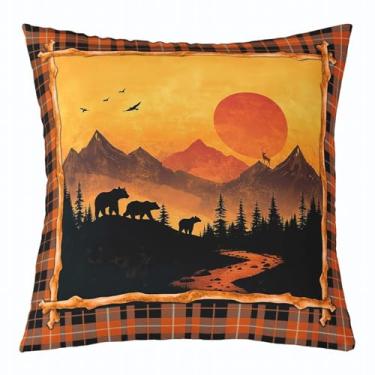 Imagem de jejeloiu Capa de almofada de urso infantil rústica para cabana de cabana 56 x 56 cm macia para meninos meninas adolescentes decoração de quarto de urso impressão de pé fronha pôr do sol animais