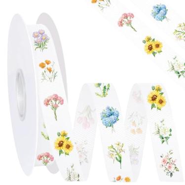Imagem de FYSUIMU Fita de gorgorão de flores silvestres 0,8 polegadas fita de embrulho de tecido floral para artesanato faça você mesmo, suprimentos para fabricação de laços de guirlanda, 10 jardas