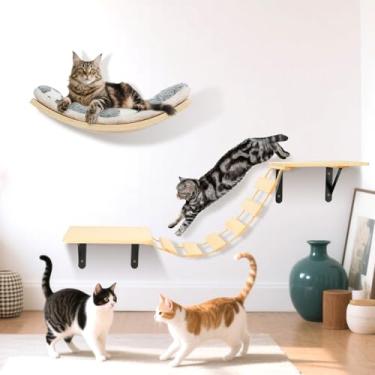 Imagem de Prateleiras de parede para gatos – Conjunto de 4 móveis de parede para gatos, prateleiras curvadas para gatos e escada de ponte e 2 degraus para dormir, brincar, escalar e descansar móveis modernos