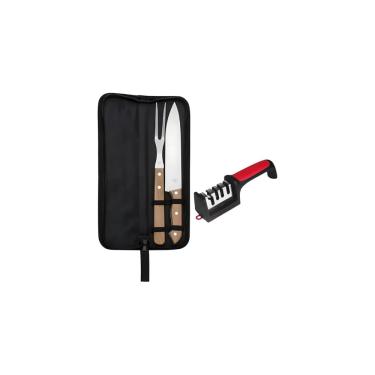 Imagem de Kit Churrasco Premium, 3 Peças em Aço Inox e Plástico, Faca 31cm, Garfo 27cm, Chaira 29cm, Conjunto para Churrasco em Família