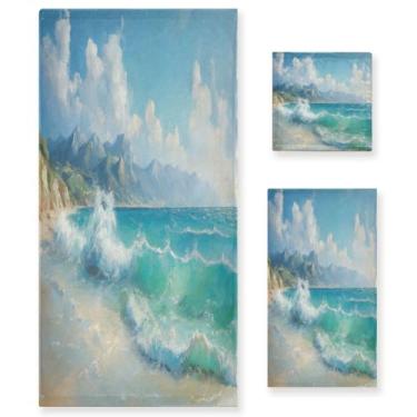 Imagem de Blueangle Conjunto de toalhas de pintura a óleo do oceano tropical - 3 peças de toalhas de banheiro macias absorventes para spa e decoração de casa (inclui banho, toalha de mão e toalha) #323