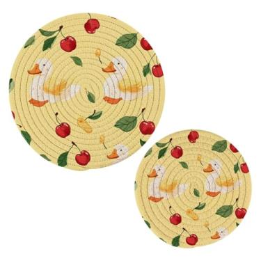 Imagem de Blueangle 2 peças de suporte de panela de cereja e patos - conjunto de pegadores de panela de tecido redondo - almofadas quentes trançadas de algodão - porta-copos - tapetes de mesa para cozinhar e