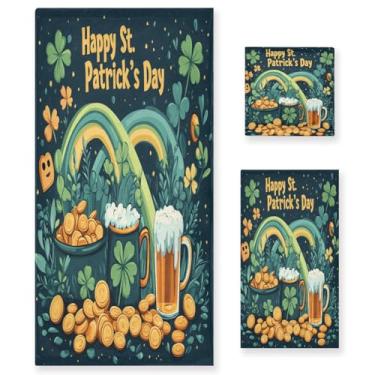 Imagem de Blueangle Conjunto de toalhas decorativas de banheiro com padrão de pote dourado do dia de São Patrício, conjunto de 3 peças com toalha de banho, toalha de mão e toalha de banho (184)