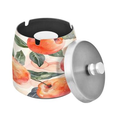 Imagem de Blueangle Cinzeiro de pêssego aquarela com tampa para cigarros, à prova de vento/chuva, aço inoxidável, sem fumaça, inodoro, cinzeiro para uso interno ou externo (314)