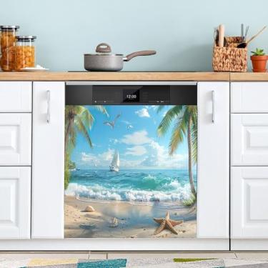 Imagem de SEHANY Capa magnética de máquina de lavar louça, estrela do mar, mar, praia, adesivos magnéticos decorativos antiarranhões para painel de geladeira e lava-louças, decoração personalizada de cozinha