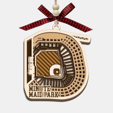 Imagem de CoCray66 Ornamento de madeira do estádio de Houston, enfeite de árvore de Natal de madeira de 4 camadas do estádio de beisebol com laço vermelho e contas, presente de lembrança de viagem para amigos