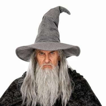 Imagem de Chapéu de bruxo de Halloween, chapéu de bruxa de feltro cinza, chapéu de cosplay de feiticeiro, acessório de fantasia mágica, adereço de festa para homens e mulheres