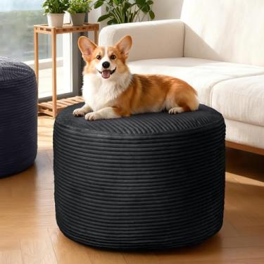 Imagem de AMCATON Pufe redondo de veludo cotelê otomano para sofá de sala de estar – banqueta de pelúcia macia preenchida com espuma desfiada, apoio confortável para os pés