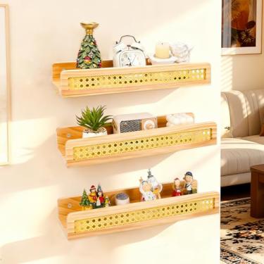 Imagem de UOIXPUHUO 3 conjuntos de prateleiras flutuantes para parede, prateleira de parede de vime de madeira para armazenamento, prateleiras longas de berçário montadas na parede para quarto, sala de estar