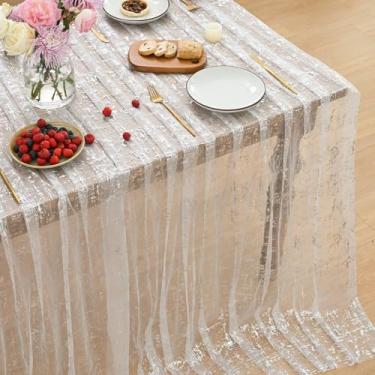 Imagem de Horaldaily Toalha de mesa de gaze branca prateada retangular 152 x 300 cm, folha metálica com glitter de estrela prateada, gaze de tule transparente para festa de casamento e chá de bebê