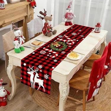 Imagem de Caminho de mesa de Natal 33 x 182 cm, caminho de mesa de rena de Natal de linho longo, decoração de jantar de cozinha de férias de inverno sazonal para decoração de festas internas e externas em casa