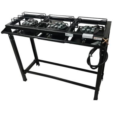 Imagem de Fogão Industrial 3 Bocas Alta Pressão, 95 x 35 cm, Preto com Mangueira e Registro