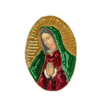 Imagem de Generic Aplique de lantejoulas ovais virgens Guadalupe, costura DIY jeans jaqueta jeans bordado patch, redondo Our Lady of Guadalupe feito à mão, Virgen de Guadalupe Mexican Parche, médio