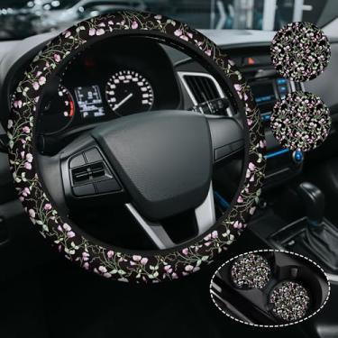 Imagem de Capa de volante pequena de flores silvestres para mulheres e homens, acessórios antiderrapantes de neoprene de alta elasticidade, capas de volante, universal de 38 cm para carros, SUVS, inclui 2