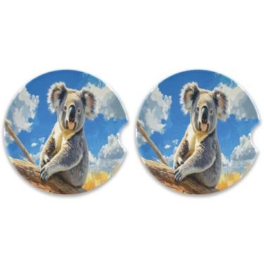 Imagem de CEBUGI 2 peças de porta-copos de carro para porta-copos de cerâmica de 6,3 cm com entalhe de dedo absorvente porta-copos de copo de carro coala sentado para mulheres e homens