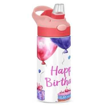 Imagem de xigua Balões de aniversário aquarela infantil garrafa de água com canudo – copo de aço inoxidável à prova de vazamento de 340 g para esportes, creche
