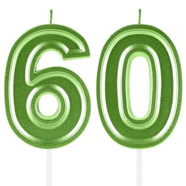 Imagem de Velas de aniversário de 60 anos, numerais verdes 60 topper de bolo, decoração para meninas e meninos, tema de aniversário, festa de casamento, artigos para celebração