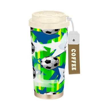 Imagem de Wassud Bola de futebol isolada caneca de café de viagem copo à prova de vazamento com tampa e canudo garrafa de água de aço inoxidável para café quente/gelo, chá e cerveja