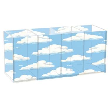 Imagem de CEBUGI Porta-canetas de acrílico com 4 compartimentos, organizador de lápis transparente, desenho animado, nuvem, suporte para pincéis de maquiagem para escritório em casa, escritório, armazenamento