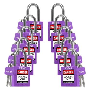 Imagem de TRADESAFE Conjunto de trava com etiqueta de bloqueio, pacote com 10 cadeados de segurança com chave diferente, 2 chaves por fechadura, roxo, fechaduras de segurança em conformidade com a segurança para fechar, marca de segurança industrial e empresa