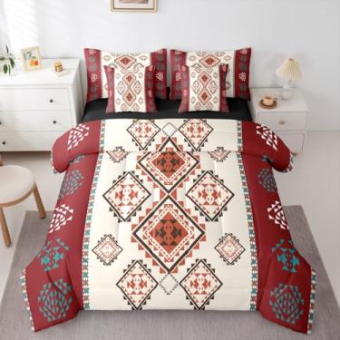 Imagem de Erosebridal Jogo de cama vintage ocidental com 7 peças, exótico, geométrico, asteca, casa de fazenda, boêmio, estilo mexicano, conjunto de lençol com edredom