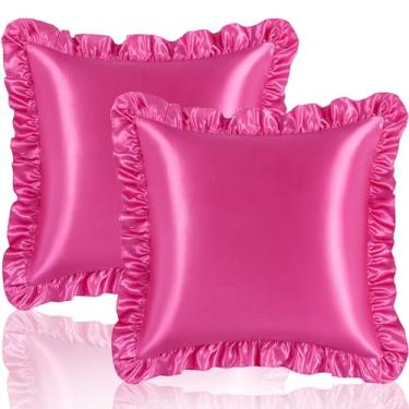 Imagem de Eychei Conjunto de 2 fronhas de travesseiro rosa choque Euro Ruffle 66 x 66 cm de cetim para cabelo e pele, fronha de seda com fecho de envelope, fronha com babados antirrugas para sofá, cama