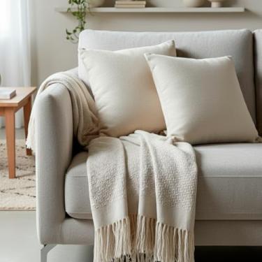 Imagem de Decolab Kit Manta para Sofá Decorativa com Franja Estilo Boho + 2 Capas Almofada - Para Sofa, Poltrona e Cama (Branco-cru)
