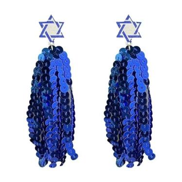 Imagem de Brincos brilhantes de Hanukkah com lantejoulas brancas e azuis borla estrela de Davi brincos pendentes de Natal judeu Hanukkah joias presentes, 3 cm, Zinco, Sem pedra preciosa