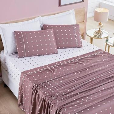 Imagem de Jogo de Lençol 4 Peças Micropercal Toque Macio Queen King Cama Casal Poá Luxo Premium 200 Fios(Poá Rose,Queen Size)