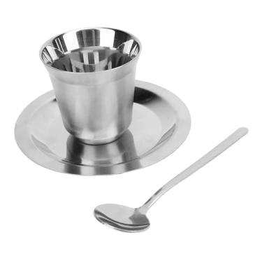 Imagem de Xícara de café Expresso, Conjunto de Xícara de chá e Pires de Aço Inoxidável, Xícara de Cappuccino Com Pires e Colher para Casa, Escritório, Restaurante