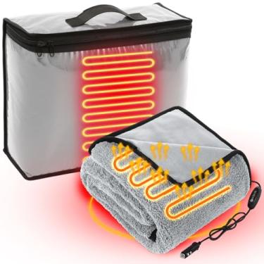 Imagem de Riakrum Cobertor elétrico de lã aquecido de 12 V com 2 níveis de aquecimento, bolsa de armazenamento USB para acendedor de cigarros, quente para carro, caminhão, SUV, trailer, acampamento e viagem