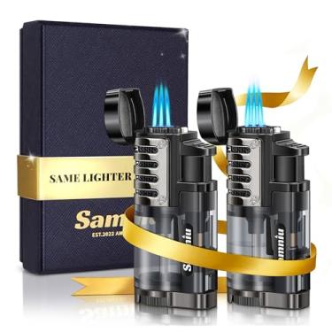 Imagem de SAMNIU Pacote com 2 isqueiros de tocha, chamas triplas, tanque de gás visível, recarregável a gás butano, isqueiros de bolso à prova de vento para vela, presente masculino (gás não incluído)