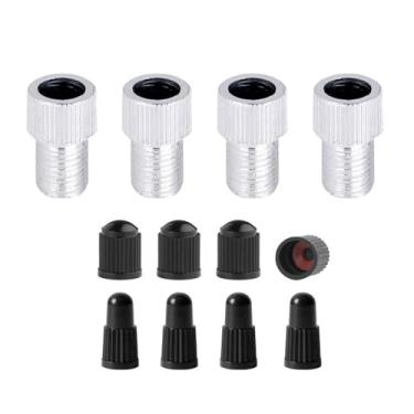 Imagem de 4 peças Presta para Schrader adaptador de válvulas de bicicleta Conversor de liga de alumínio Conversor de válvulas de pneu com tampas de válvulas Presta para Schrader Adaptador de válvulas de