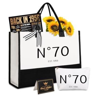 Imagem de Lamyba Presentes de aniversário de 70 anos para mulheres, decorações de aniversário dos anos 70 para ela/senhoras/esposa/mãe/avó, sacola de cosméticos e pôster de volta em 1955