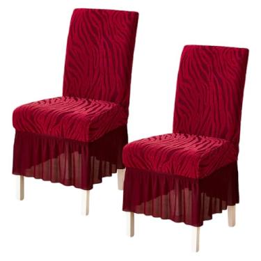 Imagem de Pacote com 2 capas de cadeira elásticas para sala de jantar, tecido jacquard listrado, capa protetora removível e lavável com saia de babados para cozinha, banquete, decoração de casamento, vinho