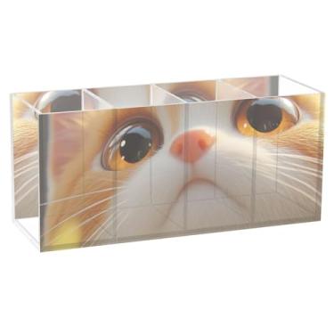 Imagem de TSENQUE Lindo porta-lápis de mesa, laranja, branco, gatinho, close-up, copo de acrílico, organizador de canetas, organizador artístico, personalizado, estético, decoração de mesa de escritório