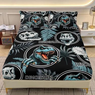 Imagem de AILONEN Jogo de cama solteiro com tema de dinossauro azul, 3 peças, desenho animado de esqueleto de dinossauro, ossos fósseis + 2 fronhas