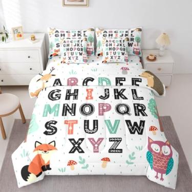 Imagem de Feelyou Conjunto de edredom infantil alfabeto ABC Learning com 7 peças, solteiro, desenho animado, corujas, raposa, ouriço, cama, para crianças, meninos, meninas, arte educativa, decoração de quarto