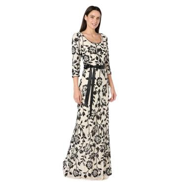 Imagem de R&M Richards Vestido feminino floral com contas | Vestido maxi enfeitado com cintura de cetim e mangas 3/4 | coquetel noturno, Champanhe/preto, 58