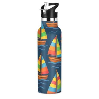Imagem de Joisal Garrafa de água de aço inoxidável de 590 ml com tampa e alça de palha, garrafa de água à prova de vazamento para meninas, copos infantis isolados a vácuo de parede dupla, lindos veleiros azul