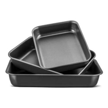 Imagem de conjunto de assadeiras antiaderente retangular teflon alta formas de bolo pão de queijo 3 pcs preta - N 3 a 4，Perfeito para Festas e Reuniões Familiares