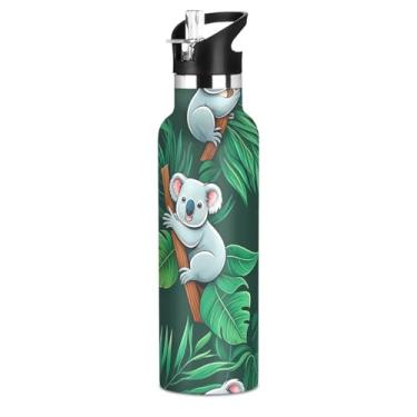 Imagem de Garrafas de água tropicais verdes de coalas fofas para adolescentes e meninas, garrafa de água isolada a vácuo, de aço inoxidável, copos de viagem para crianças com tampa de canudo para bebidas