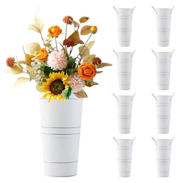 Imagem de Haploon Pacote com 8, balde de flores galvanizado vintage, 23 cm, vasos de metal galvanizado com alças, vasos de flores francesas para decoração de casa, mesa de casamento, centro de mesa, centro de