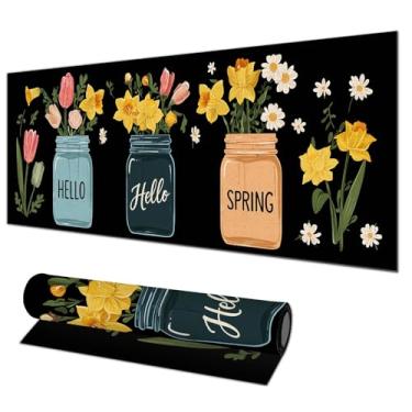Imagem de HOMETITUTE Tapete de rato para jogos XL Tapete de rato Hello Spring Mason Jar Flores 31,5 x 11,8 polegadas teclado antiderrapante tapete protetor de mesa tapete de rato grande para casa e escritório