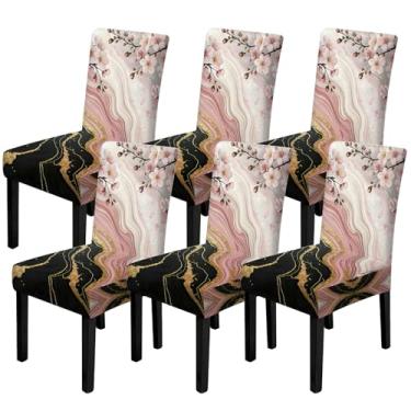Imagem de FOREVER QUEEN 6 capas de cadeira clássicas de inverno para cadeira de inverno, protetor de alce, árvore de Natal, floco de neve, capas laváveis para casa, cozinha, hotel (mármore de flor de cerejeira)
