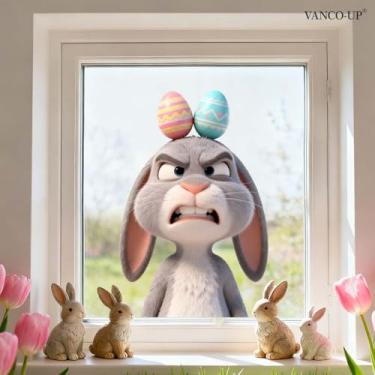 Imagem de 1 folha de janela de Páscoa cola ovos de páscoa engraçados na cabeça de coelho designs de dupla face eletrostática adesivos de vidro de janela decalques decoração para férias, casa, escola, escritório