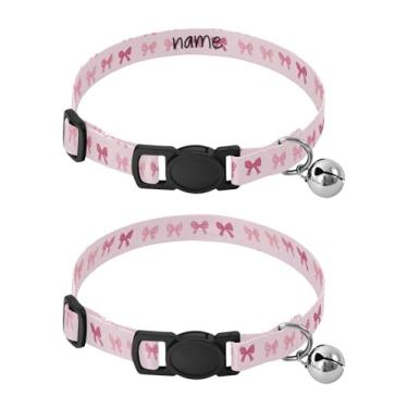 Imagem de SEHANY Conjunto de 2 coleiras de cachorro com laço rosa fofo, fivela de plástico resistente, leve, macia e leve, com sino pequeno, coleiras personalizadas com nome de animal de estimação para meninos